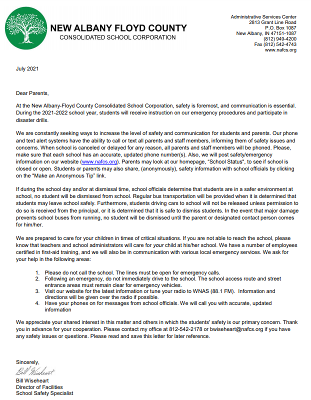 Safety Letters Mt. Tabor Elementary