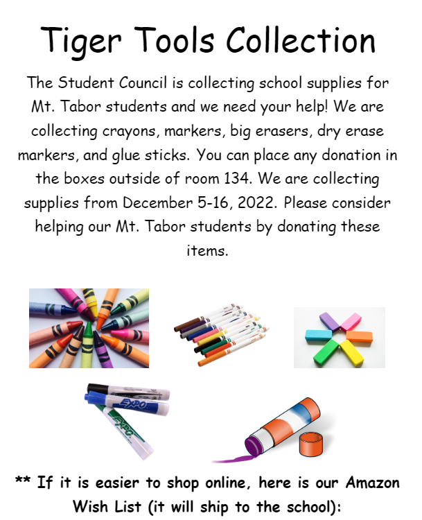 Tiger Tools Collection Drive Mt. Tabor Elementary